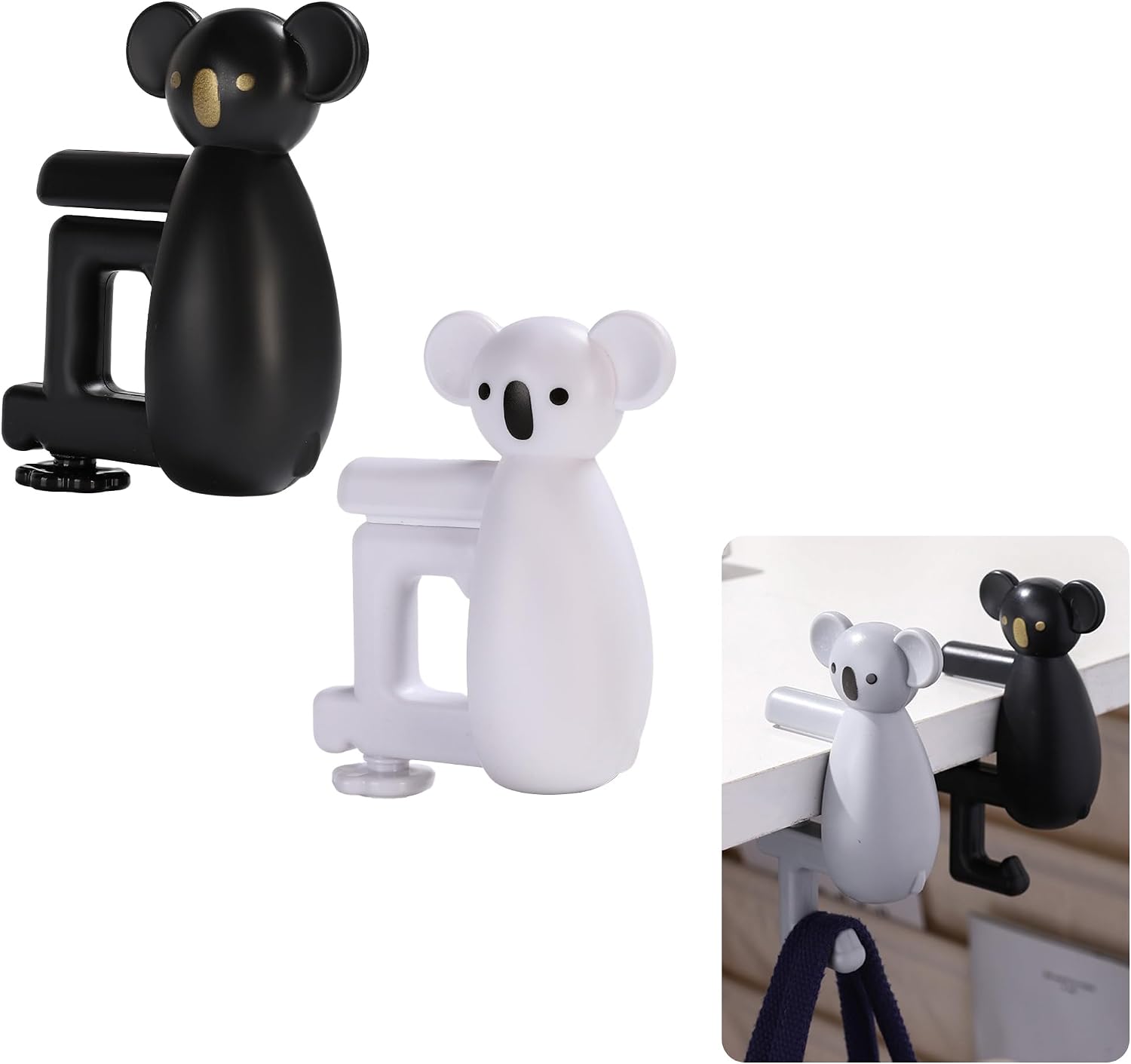 Cute Koala Purse Hook for Desk,22 Lbs Heavy Duty Bag Hanger for Table,No Drill Anti-Slip Desk Hook for Backpack&Headphones,Aesthetic Office Accessories Gifts for Women Girls (White&Black(2-Pack))
