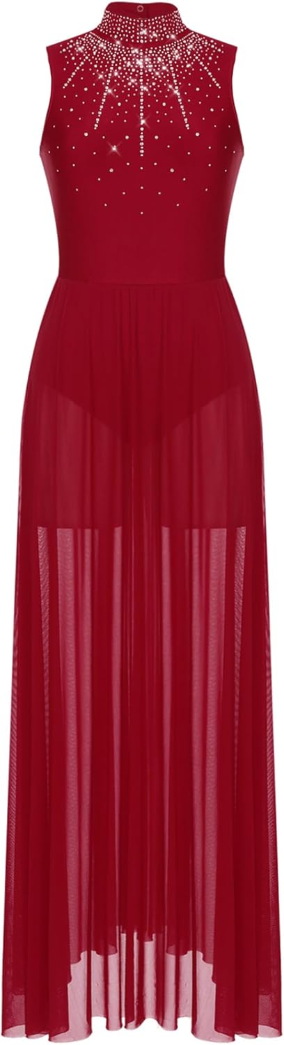 JEYPINMI Women's Long Lyrical Dance Costume Sleevelss Modern Contemporary Dance Dress Dancewear