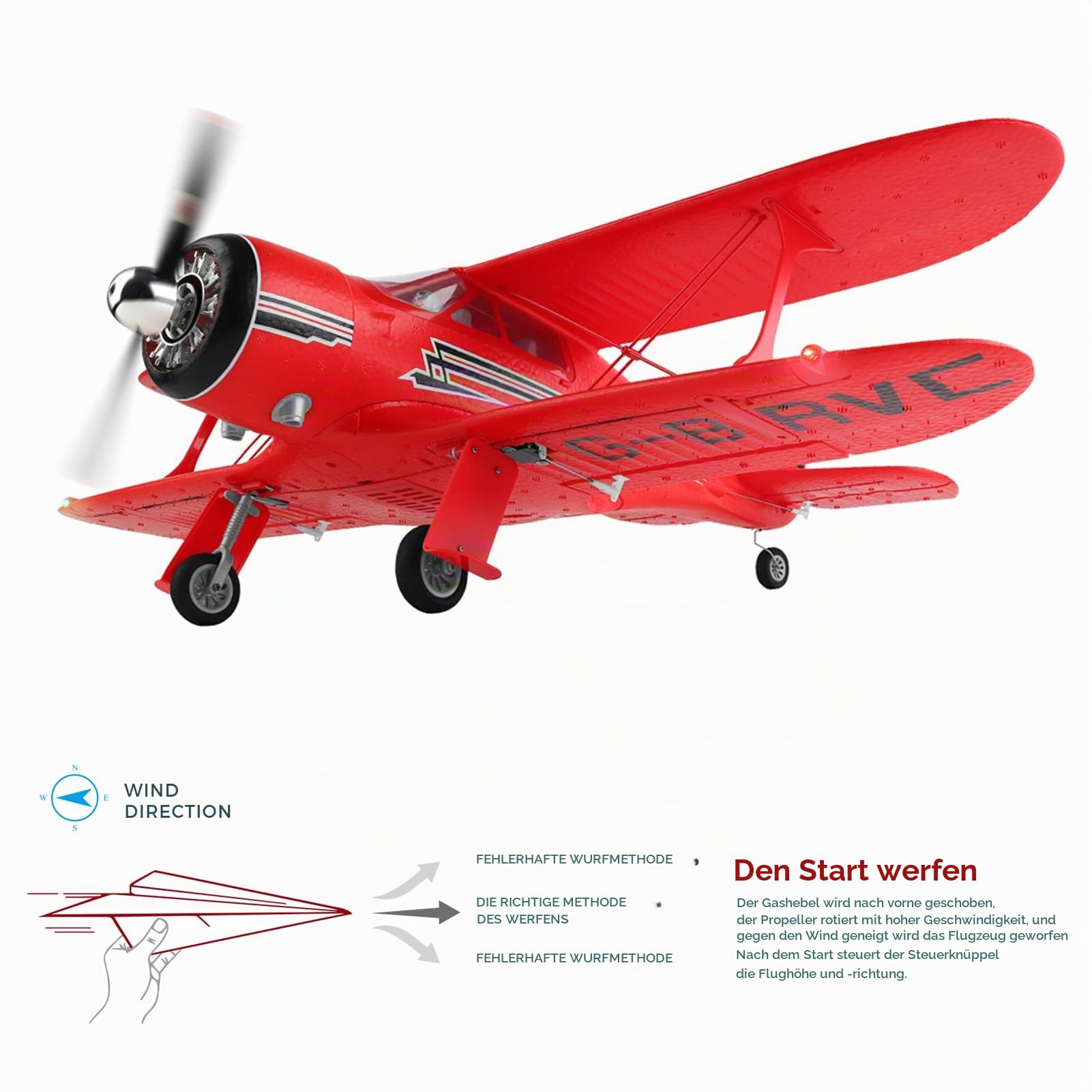 RC Flugzeug Wltoys A300 Ferngesteuertes Flugzeug 2,4 GHz Bürstenloses 6-Achsen-Gyroskop 6G Horizontalflug 3D-Stunt LED-Leuchten Alarm Bei Schwacher Batterie Geschenk Für Kinder Erwachsene Rot