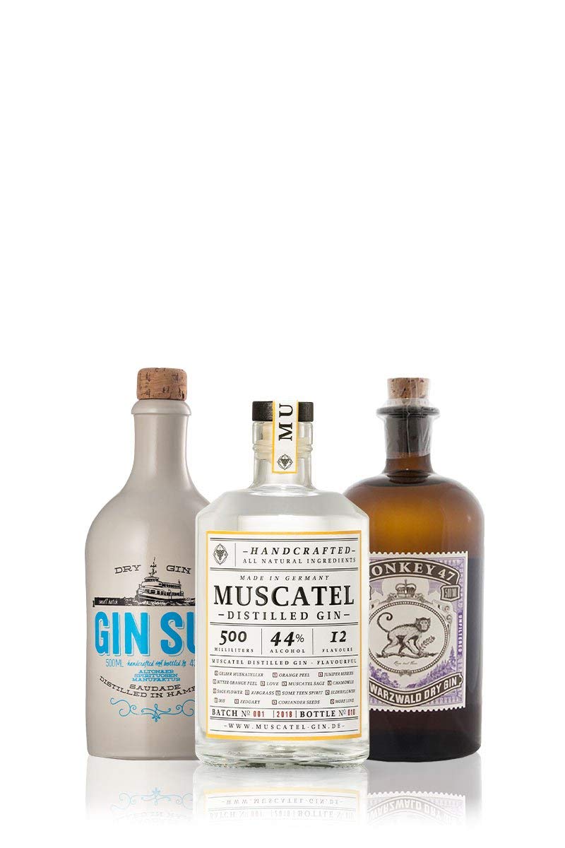 GIN Probierset GIN-TRIO | 3 x exzellenter Gin aus Deutschland | Monkey 47, Gin Sul und Muscatel Distilled