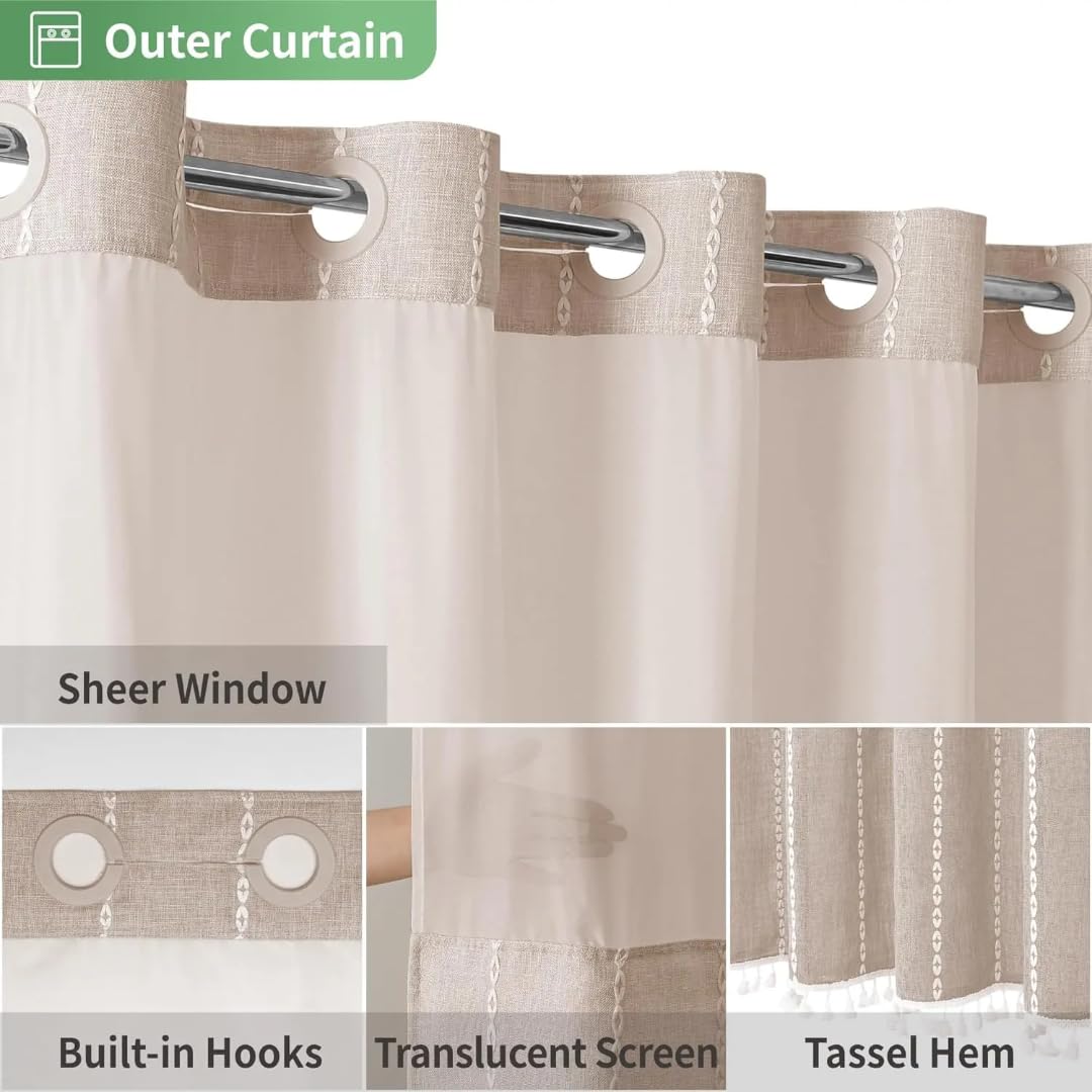 Maisonna Hookless Linen Shower Curtain Set with Snap-in Liner, No Hook Fabric Shower Curtain, Farmhouse Bathroom Curtain with Sheer Top Window, Machine Washable Beige 72x74 - 4