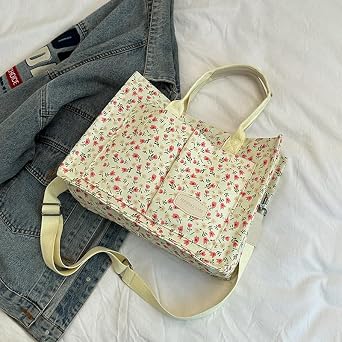 Cherry Tote Bag for Women Canvas Patched Purse Cute Shoulder Bag Multi-Pocket Satchel Handbag for work travel