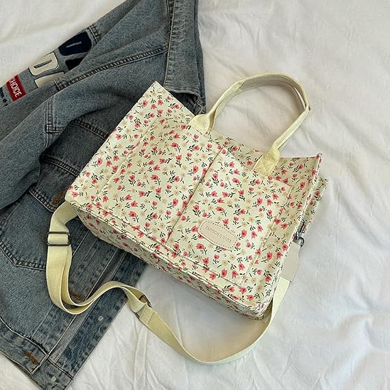 Cherry Tote Bag for Women Canvas Patched Purse Cute Shoulder Bag Multi-Pocket Satchel Handbag for work travel