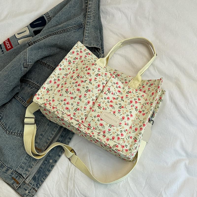 Image of Cherry Tote Bag for Women Canvas Patched Purse Cute Shoulder Bag Multi-Pocket Satchel Handbag for work travel