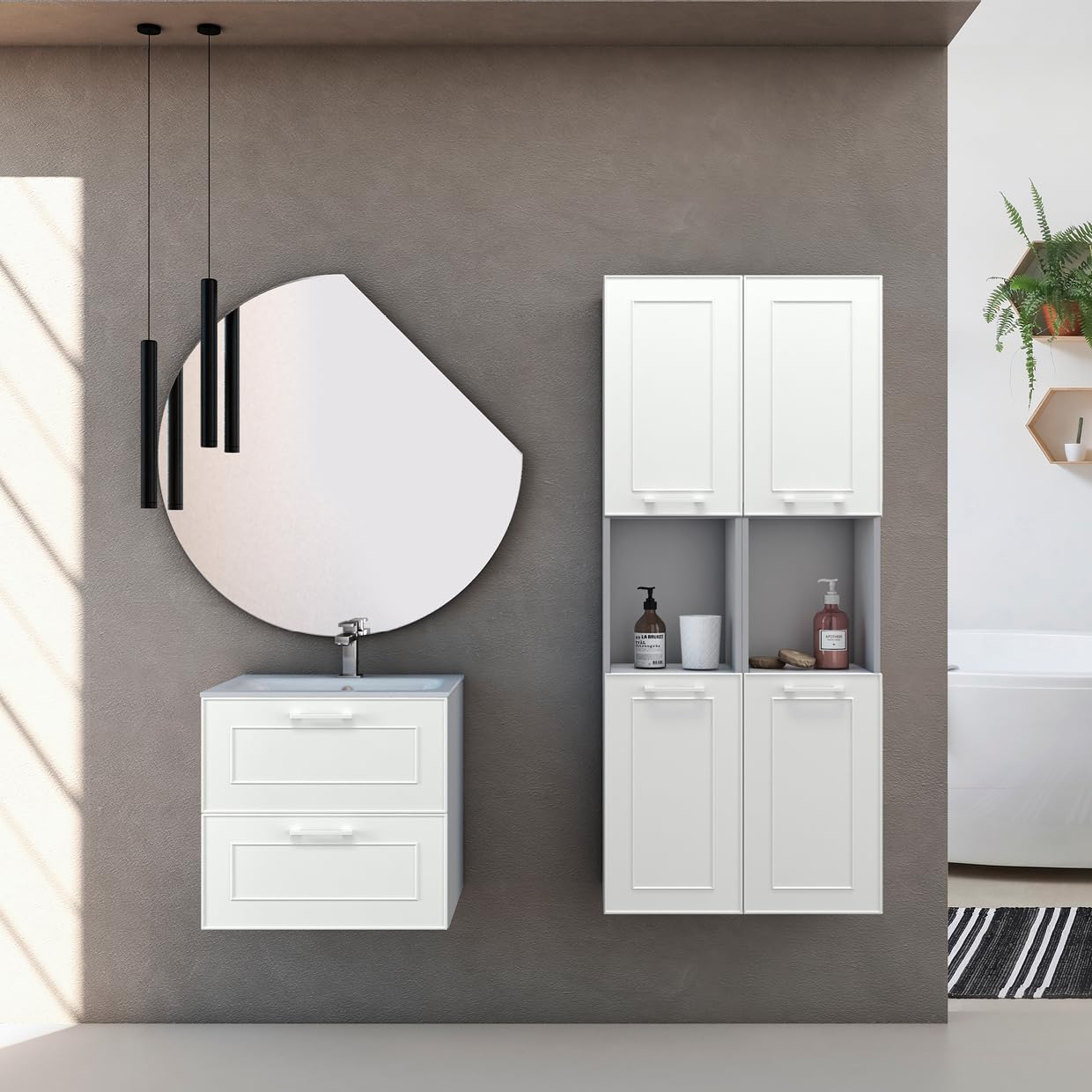 Diventa Modello Diva Frame, Mobile Bagno sospeso 70cm con 2 cassetti spaziosi e lavabo dal design moderno, colore bianco e grigio