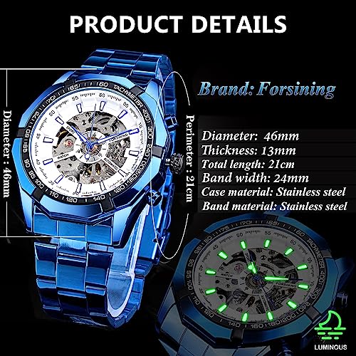Image of FORSINING Men's Watch Self-wind Skeleton Hollow Out Mechanical Automatic Luxury Watches, Blue Black Stainless Steel Band Waterproof Wristwatch