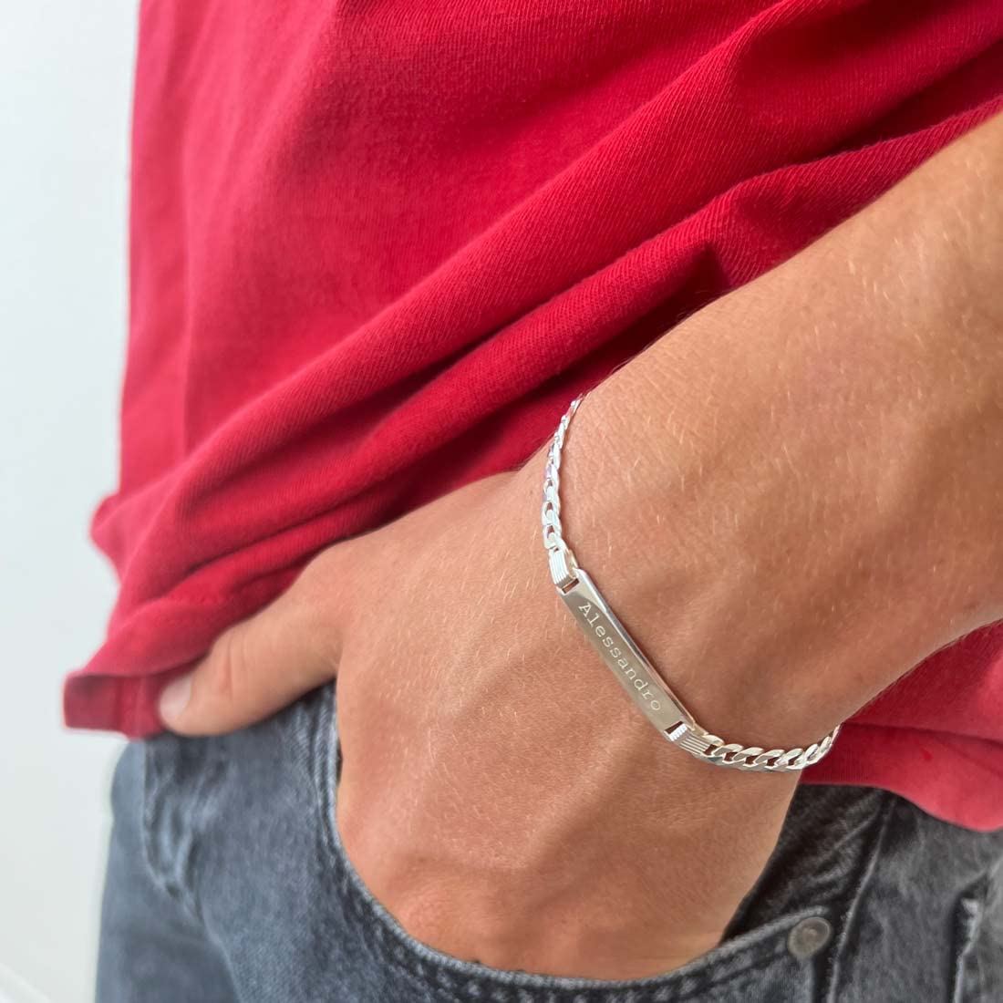Giuzi - Bracciale Uomo Argento 925 Personalizzabile con Targhetta Incisa, Catena Grumetta Regolabile, Idea Regalo Uomo con Confezione
