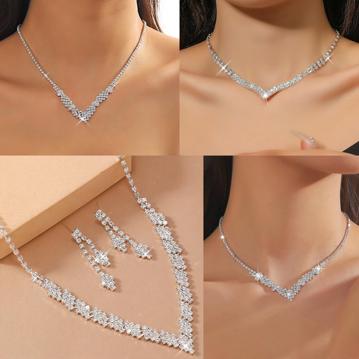 HUJUON Shiny Rhinestone Long Tassel Dangle Earrings Necklace Set Cubic Zirconia Drop Earrings Clavicle Necklace Wedding Bride Jewelry for Women - Image 6