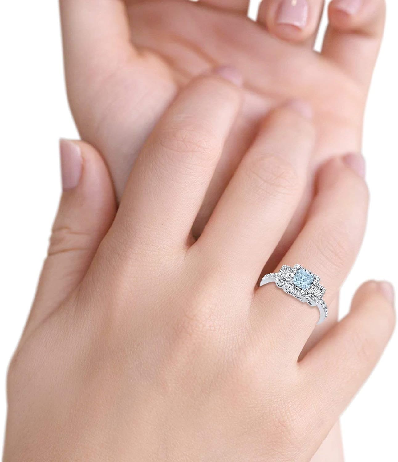 Blue Apple Co. Halo 3-Stone Wedding Engagement Ring Baguette Round Simulated CZ 925 Sterling Silver