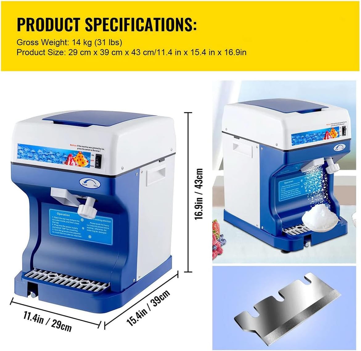 Electric Ice Crusher Snow Cone Machine, Ice Shaver Snow Cone Machine, 250W Adjustable Fineness Shave Rough and Fine Ice, Ice Crusher and Shaved Ice Machine Summer Ice Grinder 120KG/H