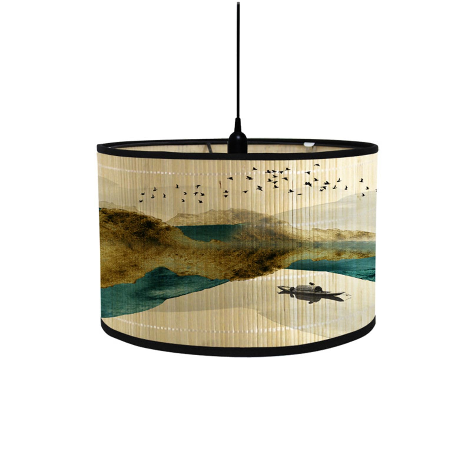 Morbuy Bamboo Table Lamp Shade, Mountain View River View Pattern Wooden Bedside Light Lampshade Drum Lampshades Diameter 30cm Bedroom Light Shades Wall Light Lamp Shades (Bird)