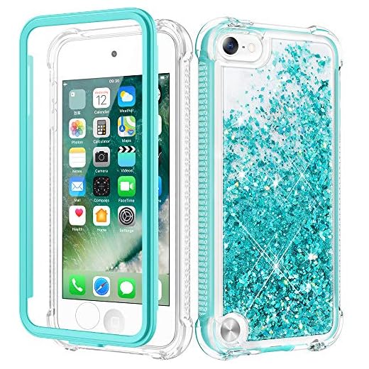 Caka iPod Touch 5 6 7 Case, iPod Touch Case 5th 6th 7th Generation for Girls Glitter Full Body Case with Screen Protector Bling Floating Liquid Cute Case for iPod Touch 5 6 7 (Teal)