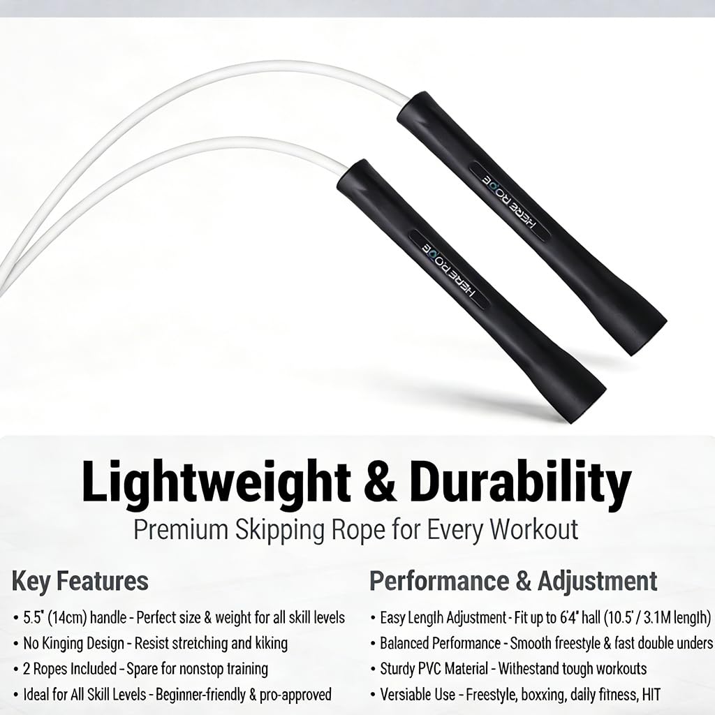 HEREROPE Regulowana skakanka fitness 5 mm z PCW – nietłukące się uchwyty, nie zgina się, trwała, dla mężczyzn i kobiet, do treningu wewnątrz i na zewnątrz