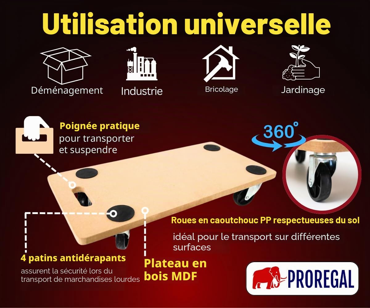 PROREGAL Mega Deal 4X Profi Plateau Roulant Hercules Charge Lourde 30x60cm Capacité de Charge 200kg 4 roulettes en Caoutchouc & poignée Panneau de Bois MDF pour Meuble, Plante & demenagement