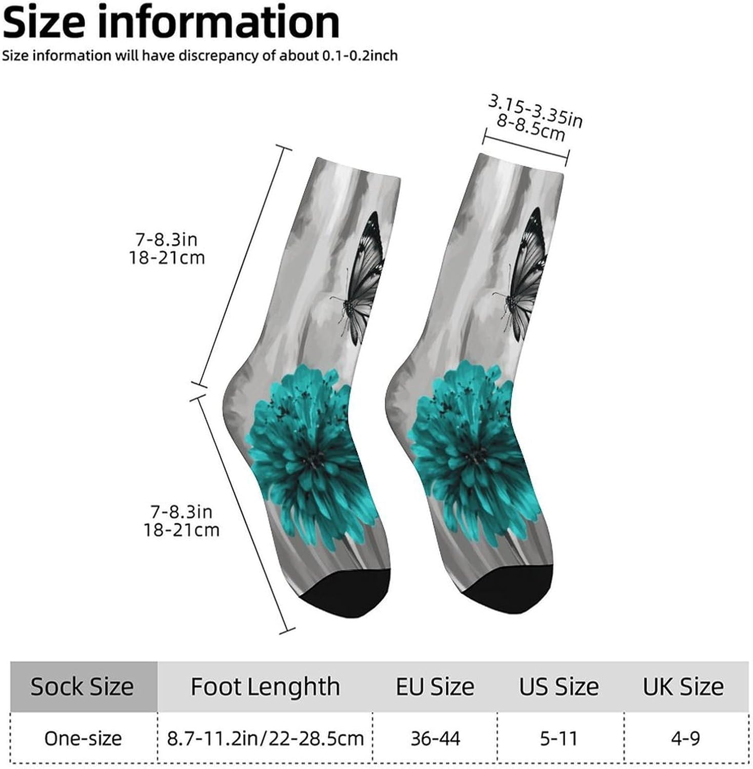 Gray Teal Flower Butterfly Crew Sock High Stocking Grippy Socks | Socks for Men & Women,Stockings-Long Thin Tube Sports, Breathable Soft Athletic for Nurses,Travel