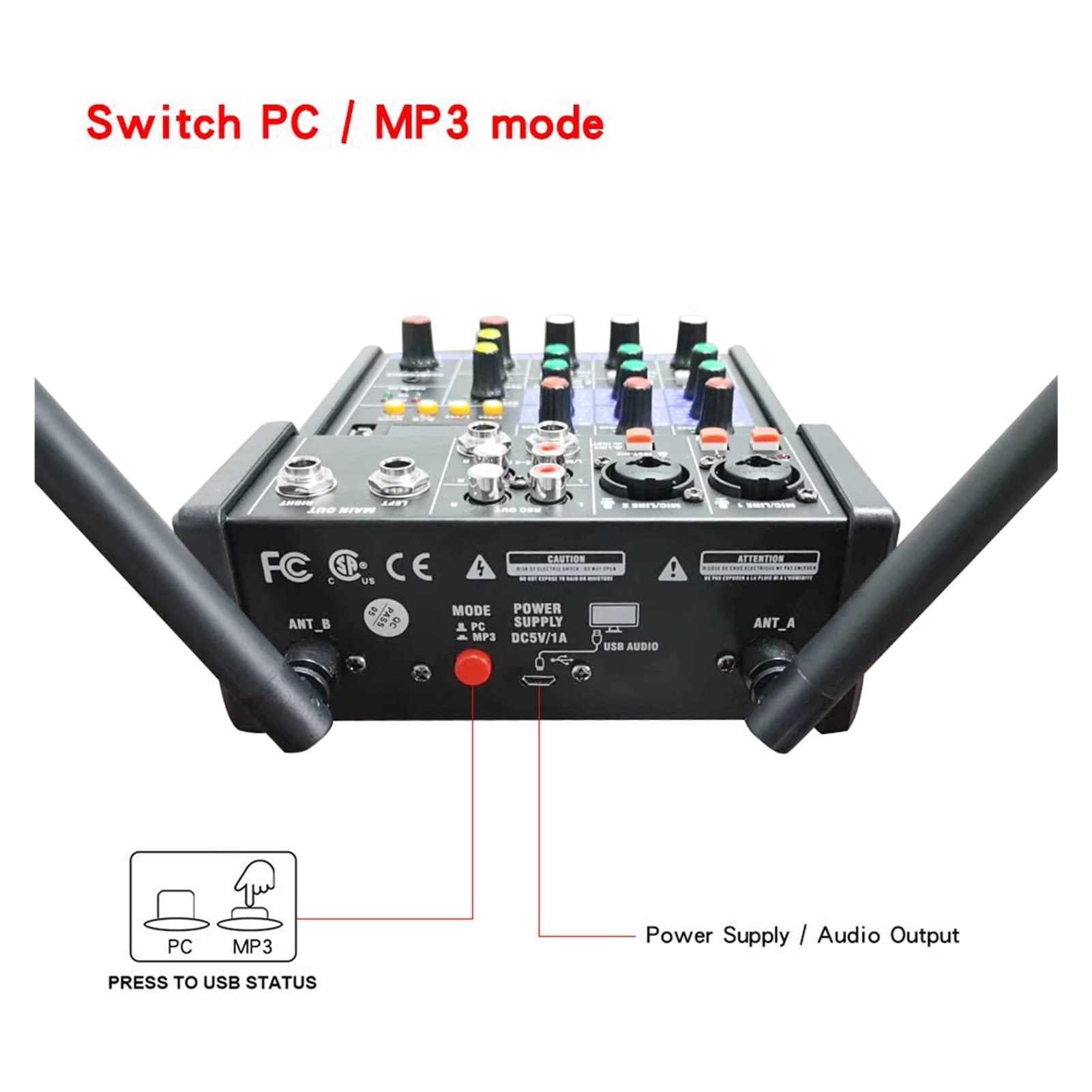 Mikser audio, 4 -kanałowy mikser audio z mikrofonem bezprzewodowym na komputer DJ Karaoke Mieszanie Konsoli Audio Interface Karta dźwiękowa Phantom Power(Mixer Kits)