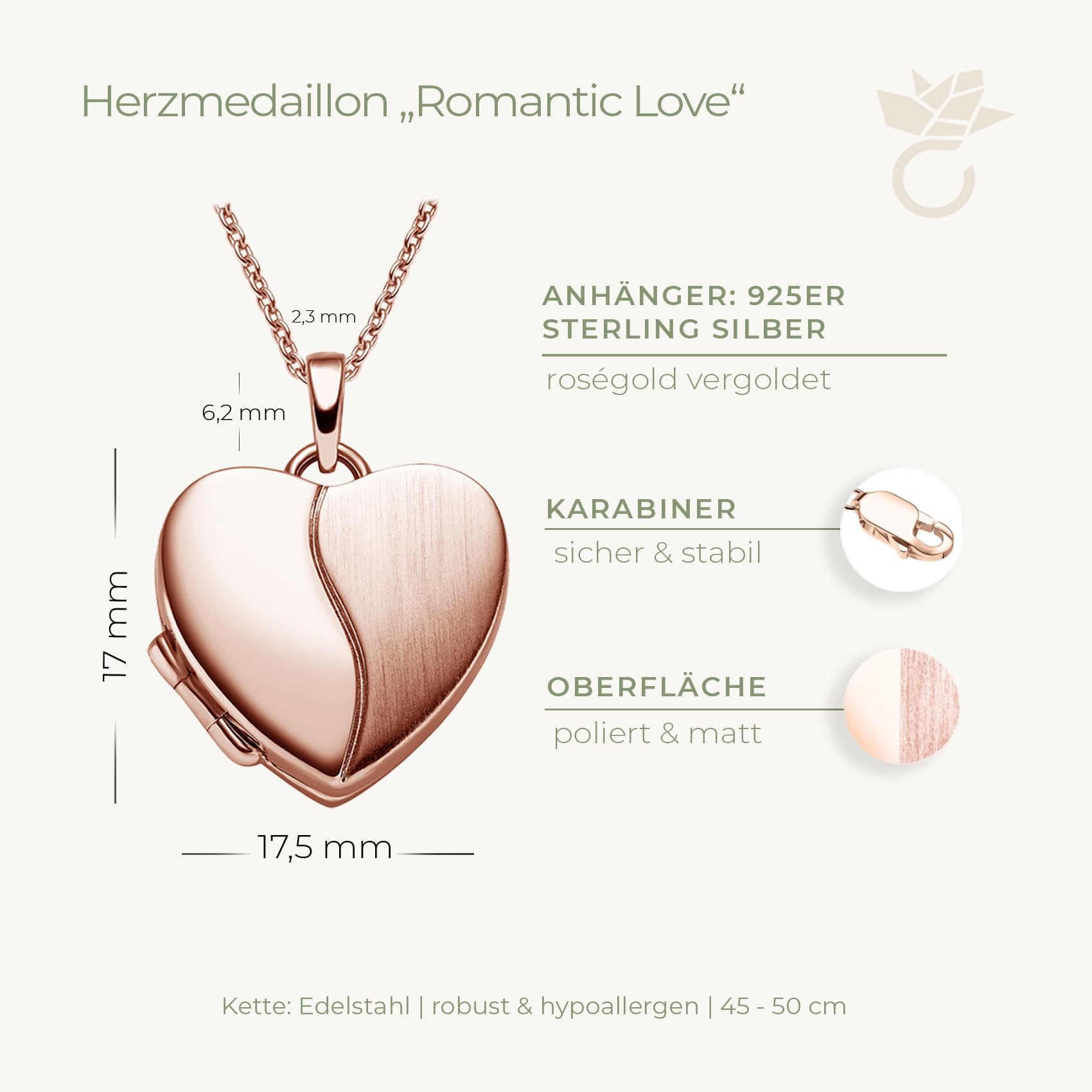 Amoonic Damski medalion w kształcie serca, "Romantic Love", pozłacany różowym złotem, otwierany łańcuszek, 45-50 cm, usługa i grawerunek, prezent od serca