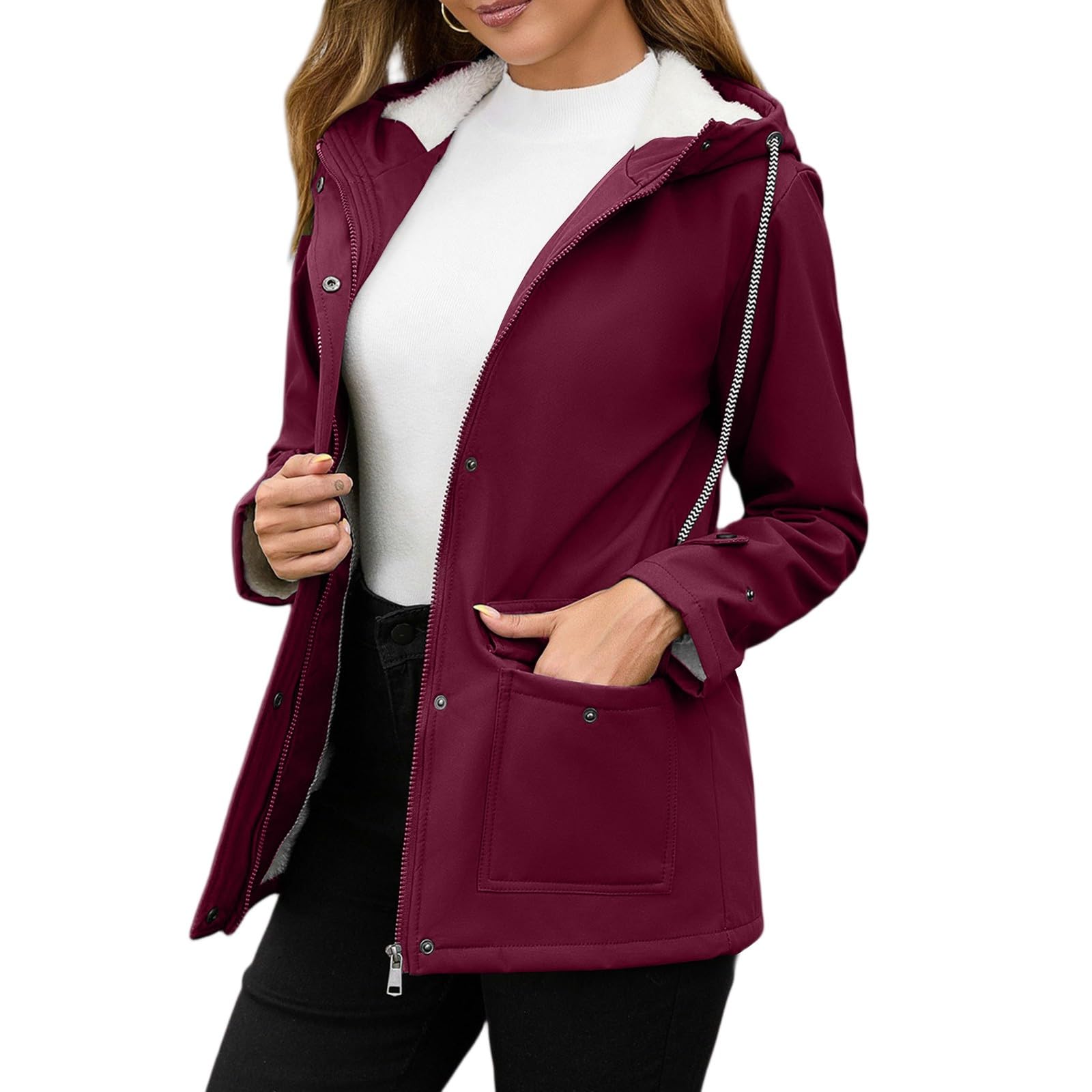 Generisch Regenjacke Damen Wasserdicht Winterjacke Gefüttert Regenmantel Winter Warm Outdoorjacke Mit Knöpfen Windbreaker Langarm Softshelljacke Mit Taschen Wintermantel Mit Reissverschluss Skijacke
