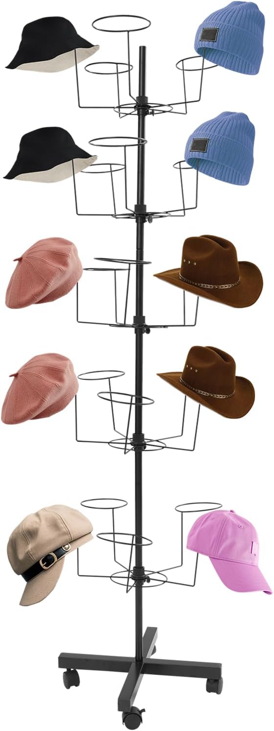 5-Tire Freestanding Hat Display Rack, 25Hooks Rotating Cowboy Hats Rack Stand, Metal Hat Display Tree Standing, Cap Holder Organizer Stand for Home Commercial Retail Store(Black)