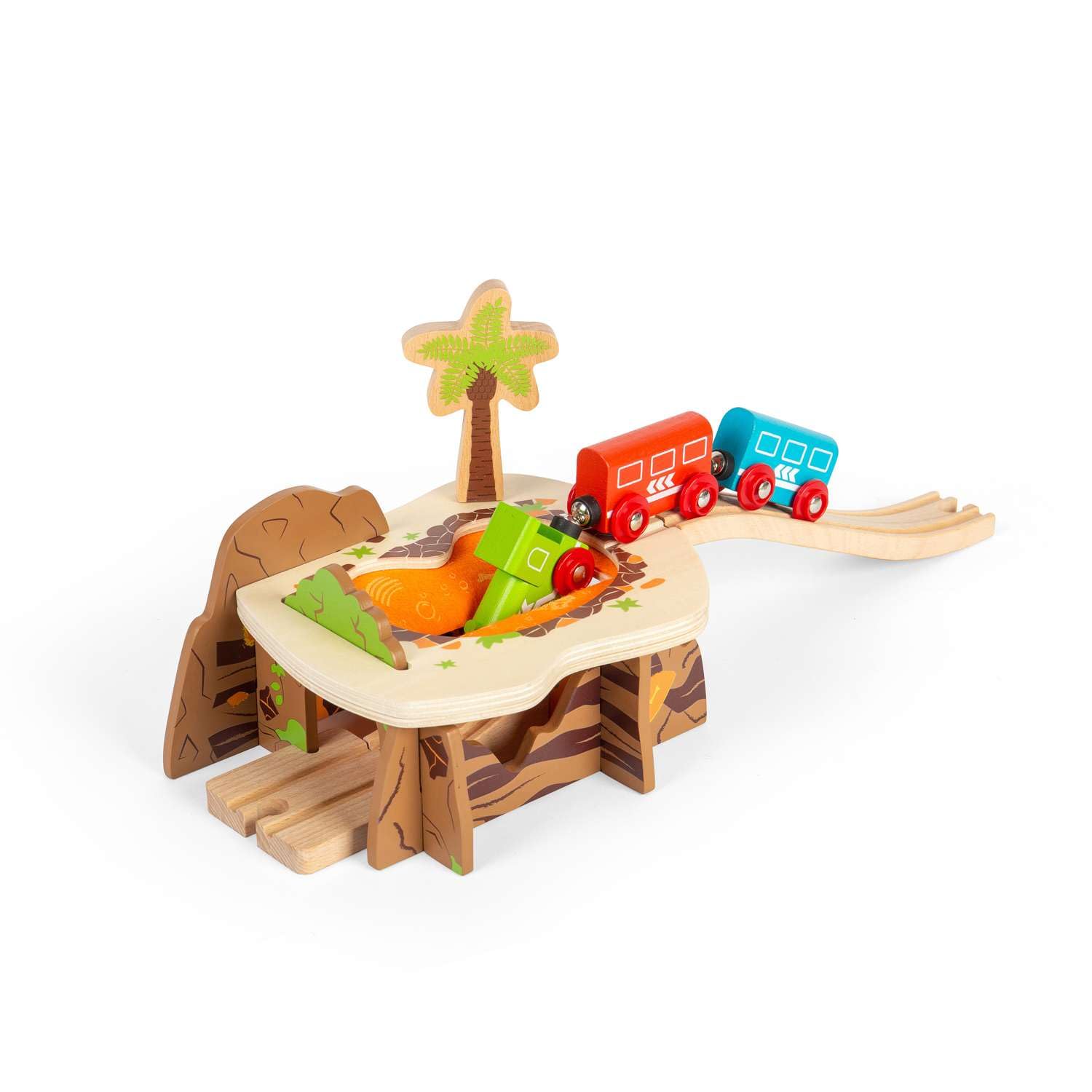 Bigjigs Rail Lava Pit - drewniany tunel kolejowy z 2 elementami torowymi i rampą, pociągi dla dzieci i akcesoria kolejowe, zabawki dinozaurów i prezenty dla małych dzieci, 3 lata +