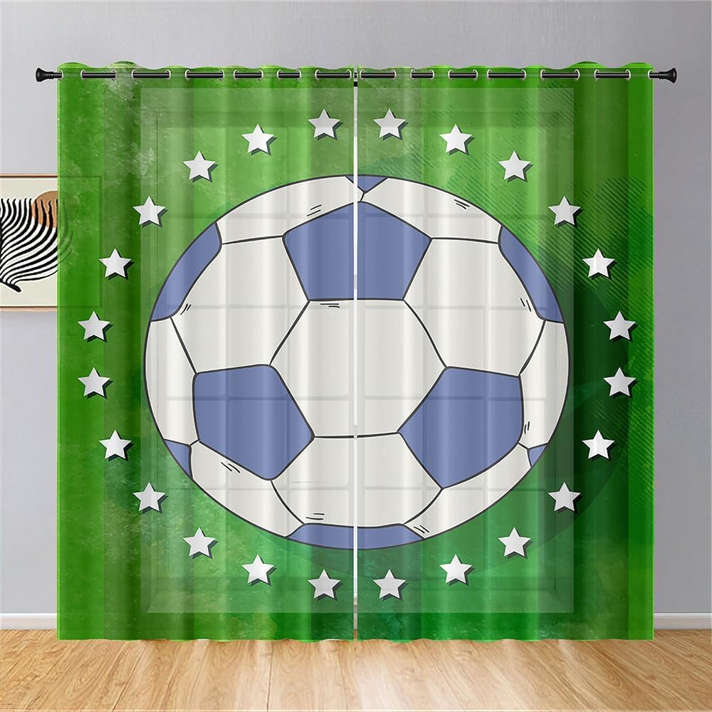 Fútbol Imprimir Cortinas Translúcidas Para Dormitorio Adolescentes Niños Niñas Niños Regalos Guardería Decoración Habitación Poliéster Cortinas Sala De Estar Cocina 2 Paneles (Blue,2Pc-75x166cm)