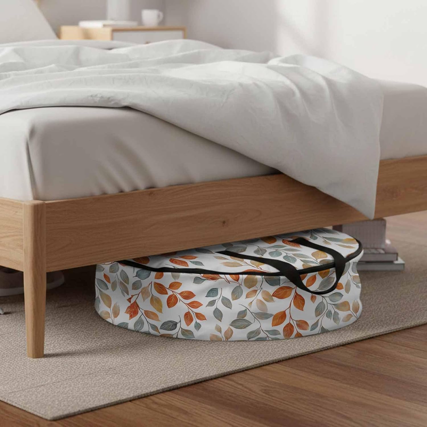 Spring Fall Leaf Round Storage Bag 36 Inch, Orange Watercolor Leaves Spring Plant Clothes Storage Container with Handles Heavy Duty Organizer for Comforter, Bedding & Holiday Wreaths