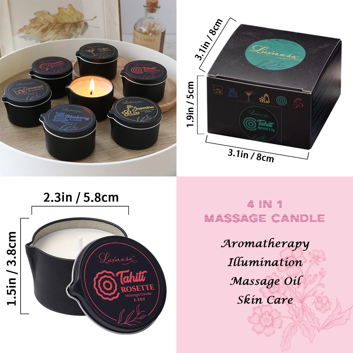 Bougie parfumée à la maison - Huile de massage pour le corps - Huile essentielle de soja infusée à basse température - Cadeau fait à la main - Parfum rosette de Tahiti - 66,6 g