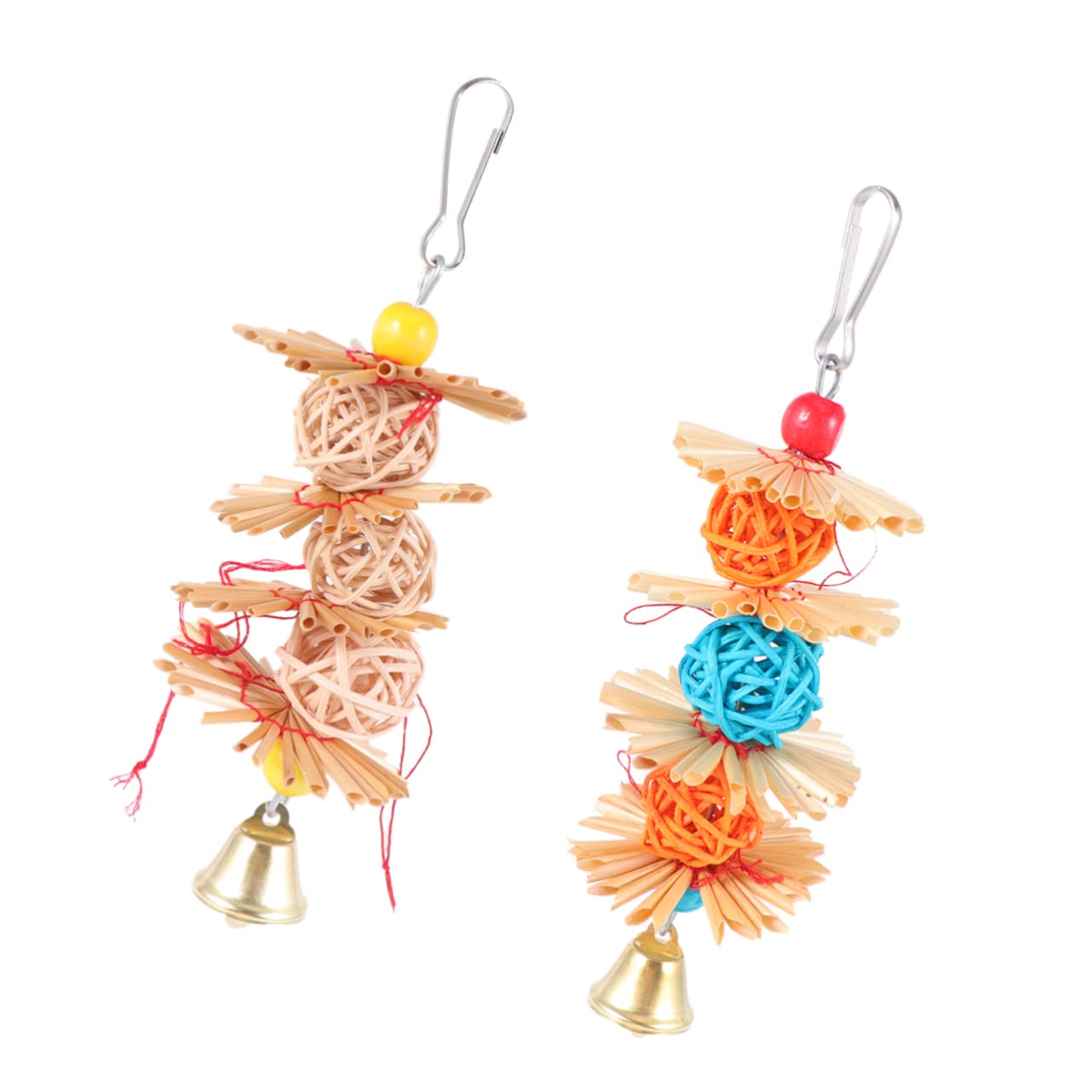 DOITOOL Lot de 2 Jouets pour Perroquet à Mâcher en Rotin Naturel, Balles Suspendues Bicolores, Taille Petit à Moyen, Jouets pour Cages D’Oiseaux, Adaptés aux Perruches Couleur Aléatoire