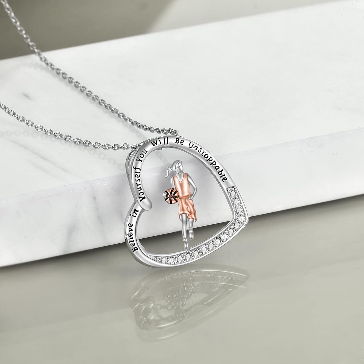 YFN Basketball Jewelry Gifts Sterling Silver Heart Basketball Pendant Necklace for Women Sports Lovers