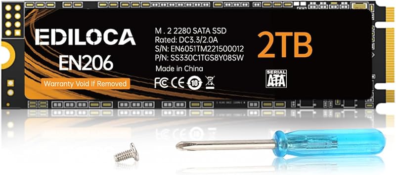 Ediloca EN206 2TB SSD M.2 SATA 3D NAND TLC, M.2 2280 SATA III 6Gb/s SSD Internal Hard Drive, Read/Write Speed up to 550/480 MB/s, Compatible with Ultrabooks, Tablet Computers and Mini PCs