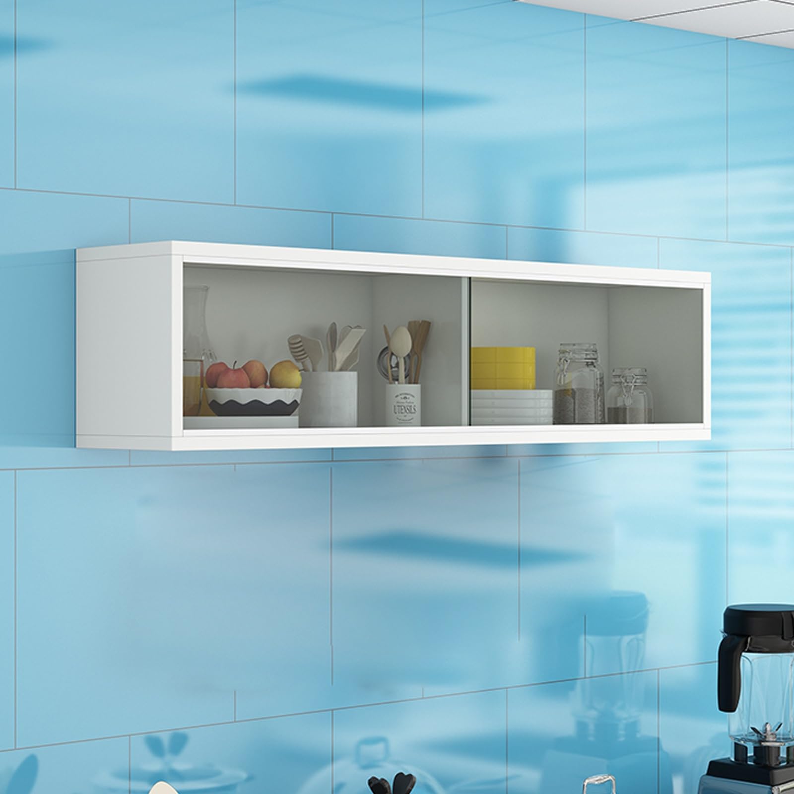 Vitrine murale en bois massif blanc au design épuré avec portes coulissantes