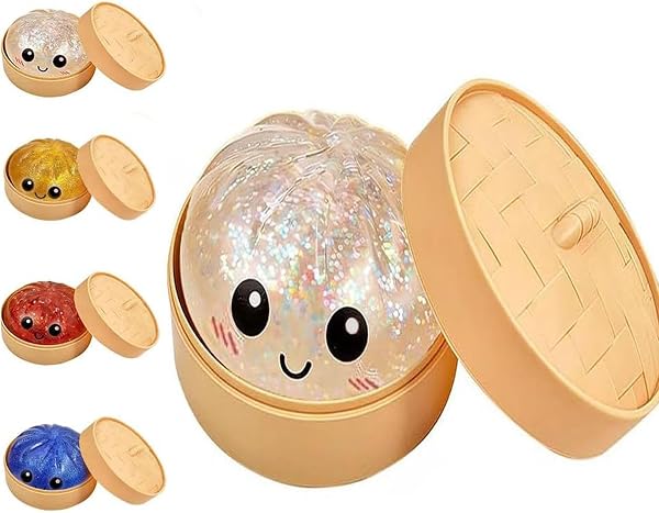 Glitter Dumpling Squishy, 2026 New Bun Squeeze Stress Relief Ball with Steamer Box for Stress Relief, More Surprises (White) - 1