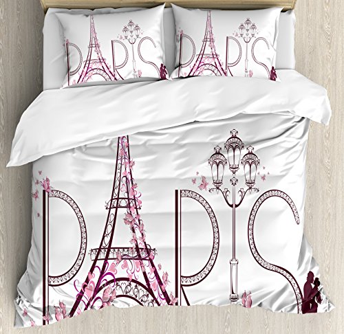 Get Special Price Ambesonne Paris Duvet Cover Set, Tower Eiffel with Paris Lettering Couple Trip Flowers Floral Design Print, Decorative 3 Piece Bedding Set with 2 Pillow Shams, Queen Size, Pink Plum
