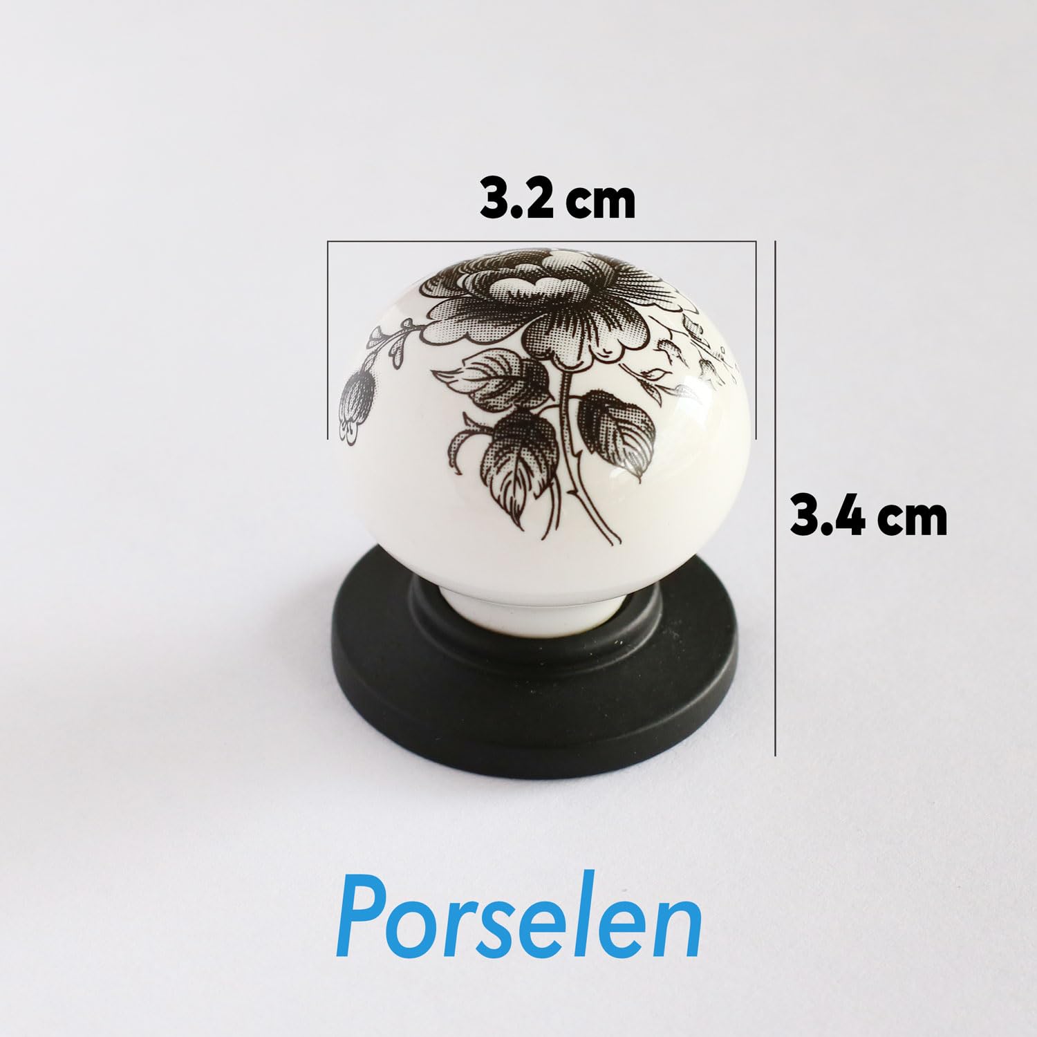 Badem10 Gül Gerçek Porselen Düğme Kulplar Mobilya Mutfak Dolabı Çekmece Dolap Kapak Kulpu Kulbu Siyah