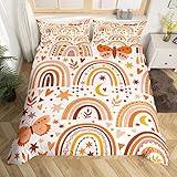 Girls Rainbow And Butterfly Bedding Sets Twin Size Kids Boho Stars Moon Comforter Cover Bohemian Botanical Leaf Duvet Cover Pastel Brown Color Love Hearts Bed Set 1 Pillow Case(No Comforter)