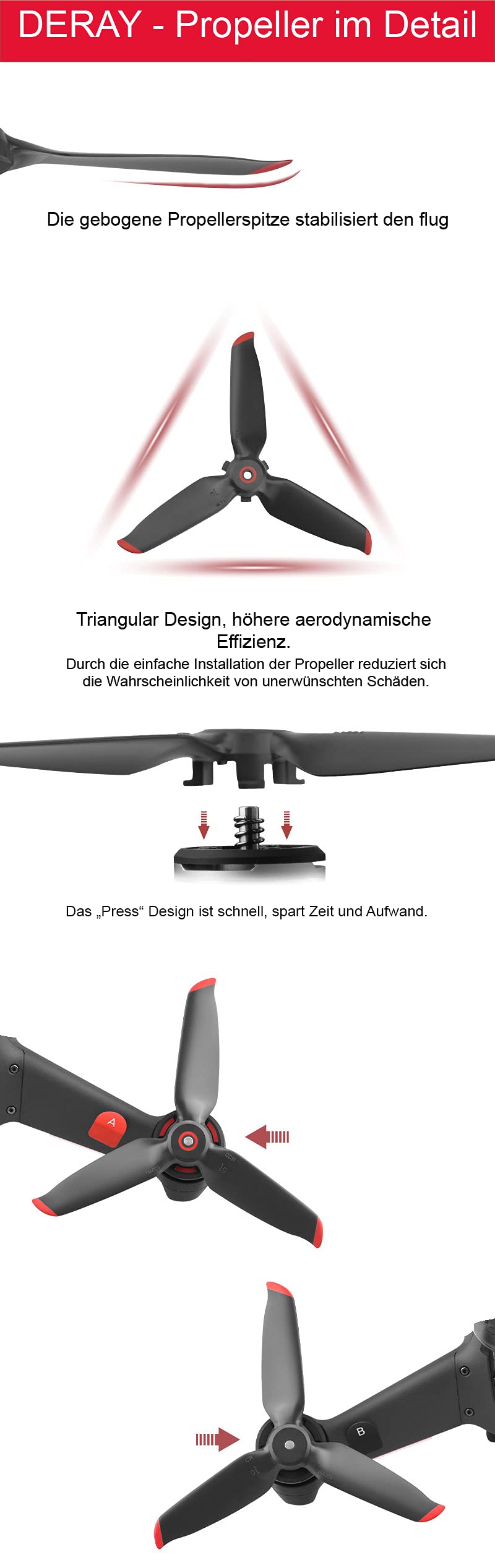DERAY Propeller Für DJI FPV Drohne - 4 Stück Quick Release Rotoren