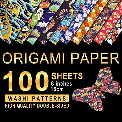 PAPERKIDDO Japanese Washi Origami Paper 100 Sheets 10 Different Pattern Double Side Printing Square Folding Paper Bronzing Premium Quality Arts and Crafts Projects for Kids Adults 6x6 Inch