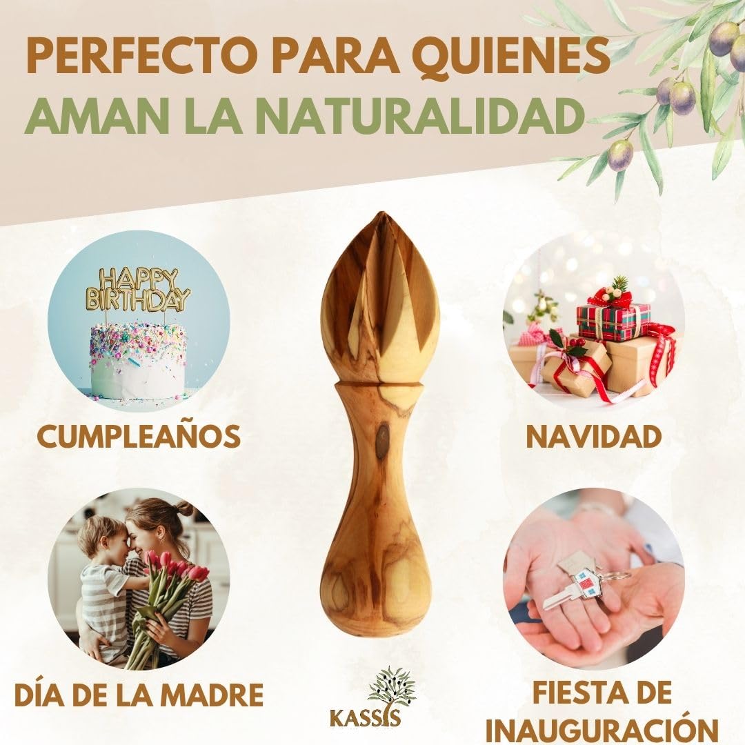 KASSIS exprimidor de limones de madera de olivo - exprimidor de cítricos para zumo fresco - de cítricos artesanal, de limas, de naranjas 14 cm