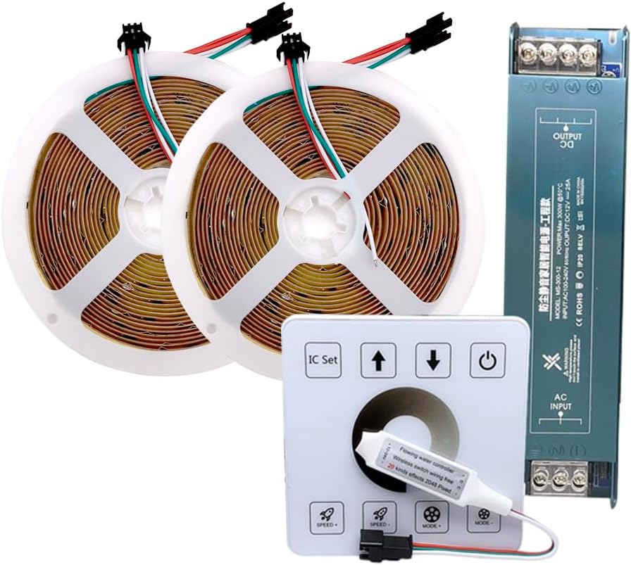 COB Running Water Flowing LED Strip Light WS2811 24V Horse Race LED Ribbon with RF Touch Panel Controller 5M10M Set (10M (2X5M) Full Set, Warm White 3000K)