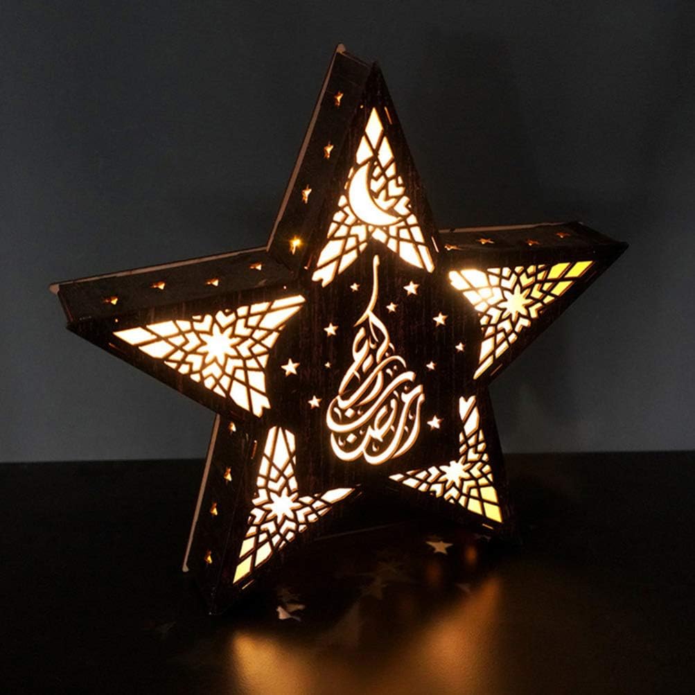 Uonlytech Ramadan Mubarak Decorative Lights Wooden Star Lights Eid Decorations Wall Light for Home Party Supplies,Size M