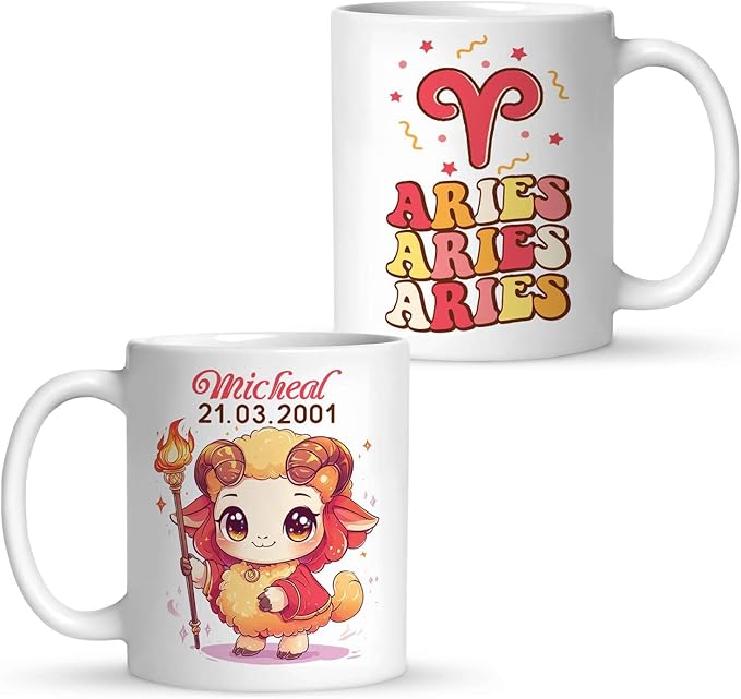 1PCS Custom Name & Date Aries Zodiac Sign Coffee Mug, Horoscope Ceramic Cup 11oz 15oz, Personalized Aries Constellation White Mug, Gifts for Friends, Zodiac Themed Cup