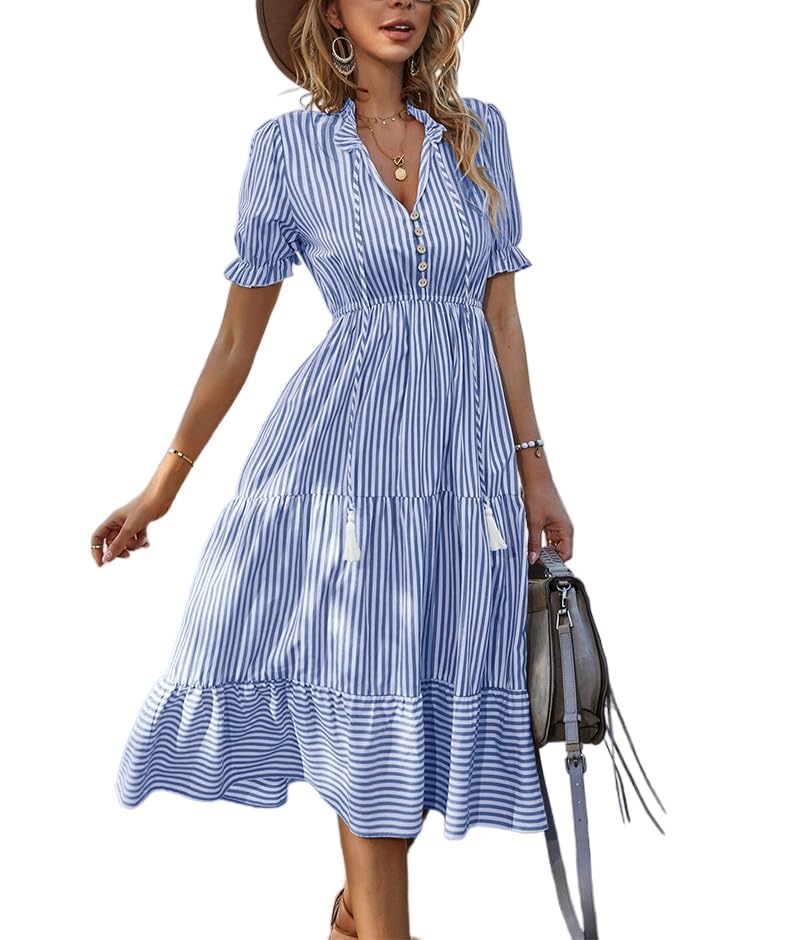 Robe femme longue midi rayée à col en V et manches bouffantes
