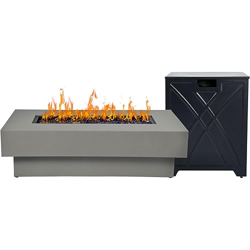 48-inch Fire Table with 20lb Propane Tank Cover, 50,000BTU Outdoor Modern Patio Fire Pit Table w/Rectangular Burner Lid, Glass Rocks, Pre-Attached 10ft External Gas Hose