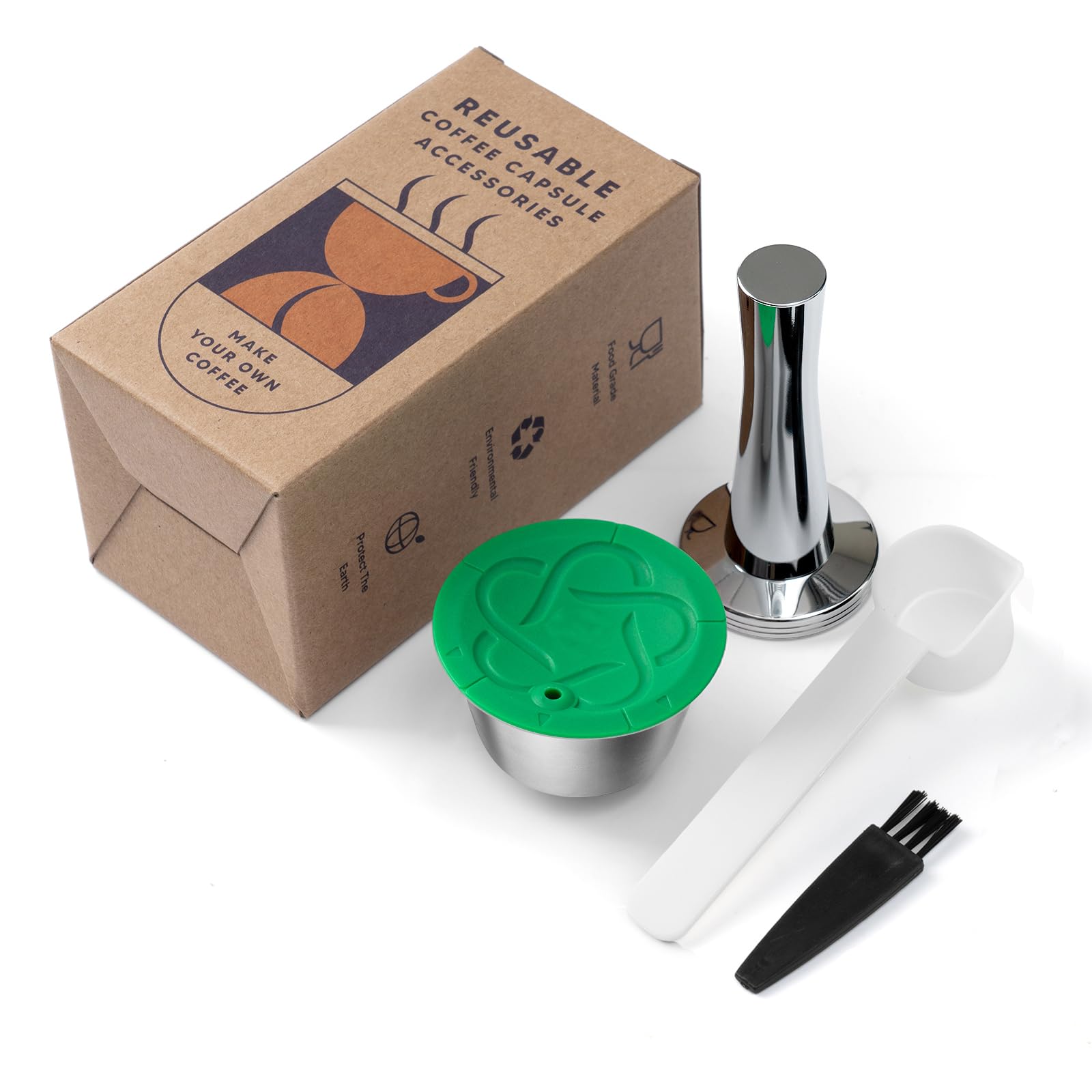 Capsules rechargeables Filtres à dosettes de café réutilisables compatibles avec les brasseurs Dolce Gusto avec cuillère et brosse (1 cápsula, 1 tamper)