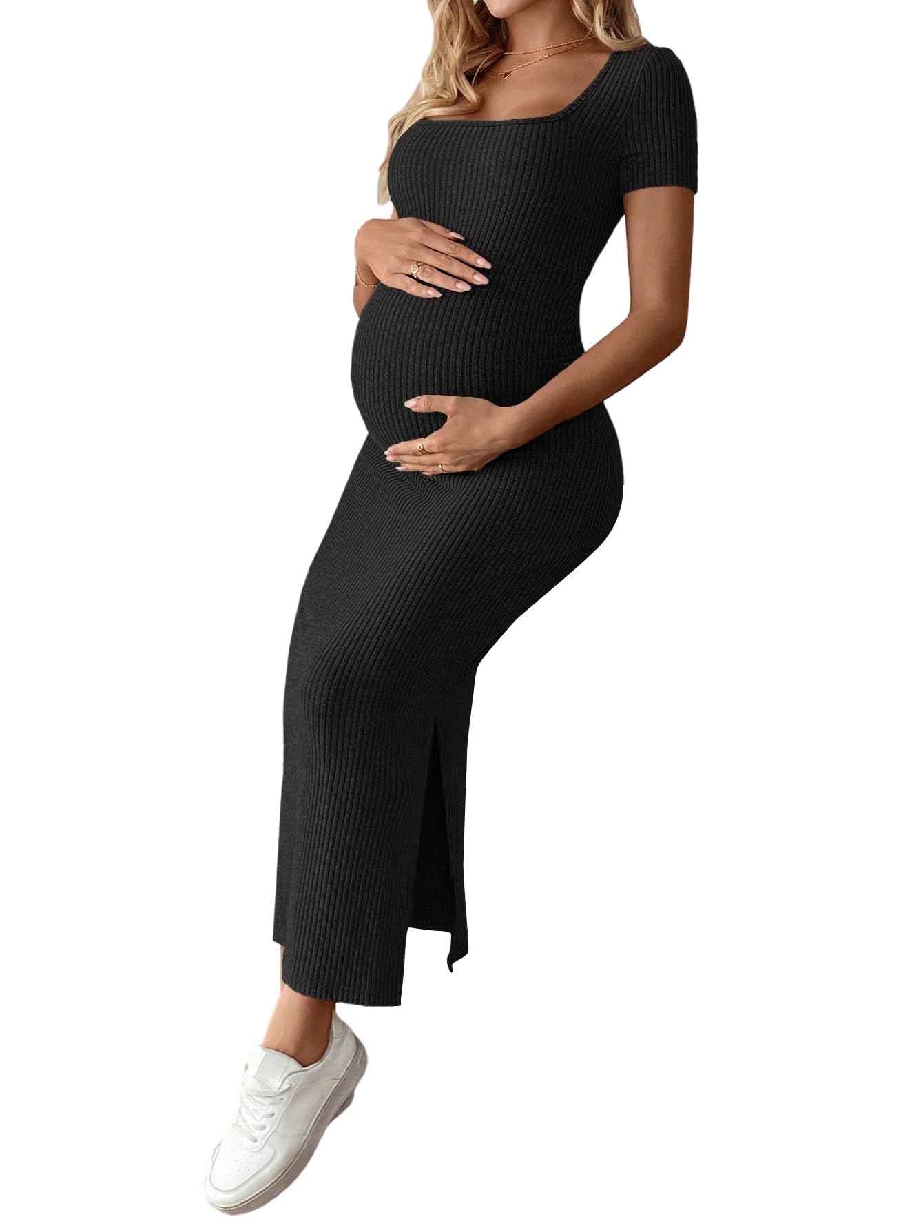 SweatyRocks Damska sukienka ciążowa, z dzianiny, krótki rękaw, długa letnia sukienka | Sukienka ciążowa dla kobiet w ciąży, elegancka sukienka damska, ołówkowa sukienka rekreacyjna, ciążowa