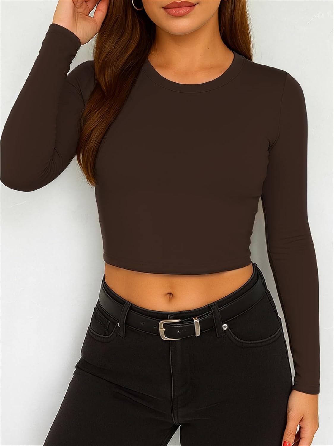 ForeFair Womens Crew Neck Long Sleeve Crop Top Tight Going Out Tops Fitted Fall Y2K Basic Shirts - Image 5
