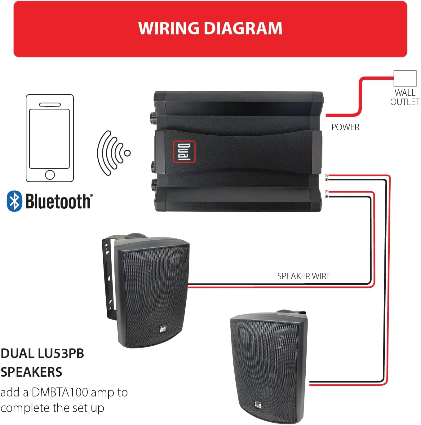 dual electronics lu53pb 3 way high performance outdoor indoor speakers dbtma100 black micro wireless bluetooth 2 channel stereo class d amplifier