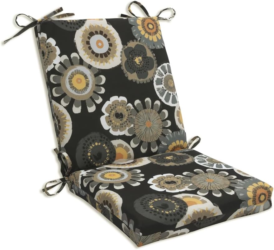 Pillow Perfect Floral Indoor/Outdoor Solid Back 1 Piece Square Corner Chair Cushion with Ties, Deep Seat, Weather, and Fade Resistant, 36.5" x 18", Black/Yellow Crosby, 1 Count Square Corner - 36.5" x 18" Black/Yellow Crosby
