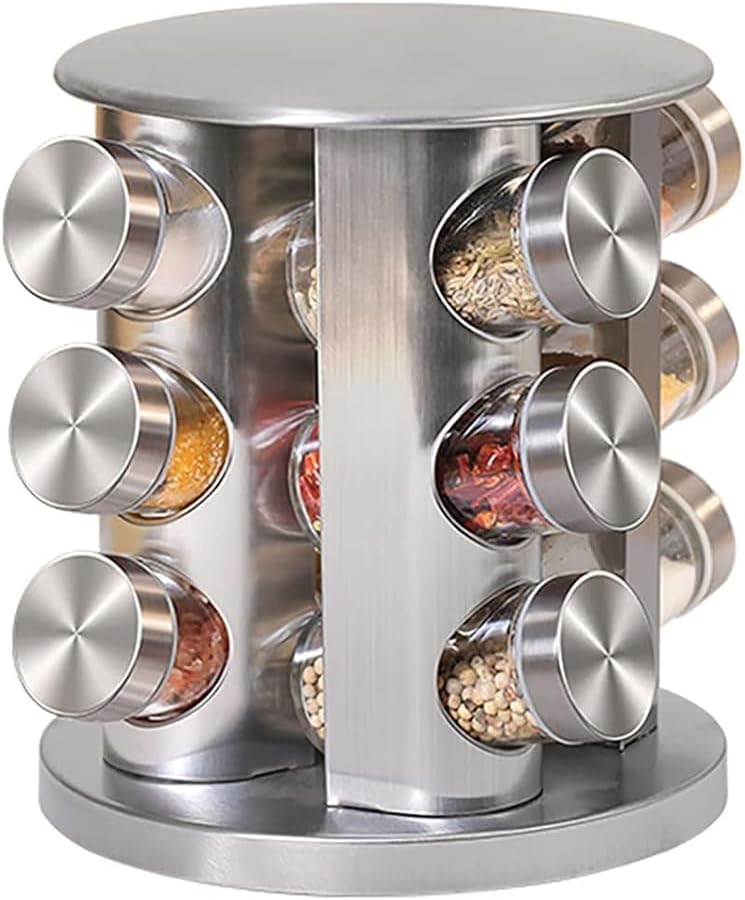 Revolving Spice Tower | Countertop Round Spice Rack | Set Of 12 Spice Jars | Seasoning Storage Organization | Stainless Steel Standing Shelf