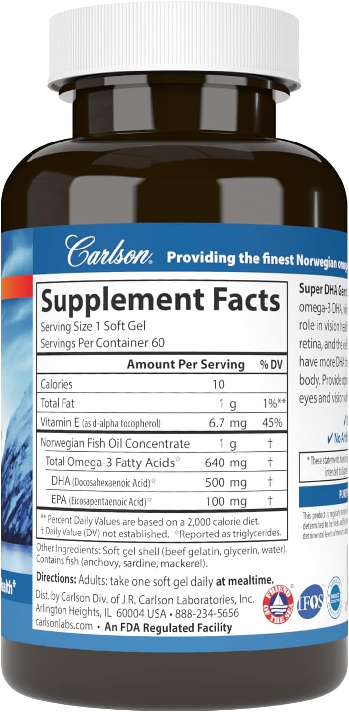 Carlson - Super DHA Gems, 500 mg DHA Supplements, Norwegian Fish Oil Concentrate, Wild-Caught, Sustainably Sourced Fish Oil Capsules, Cognitive Health, 60 Softgels - Image 2